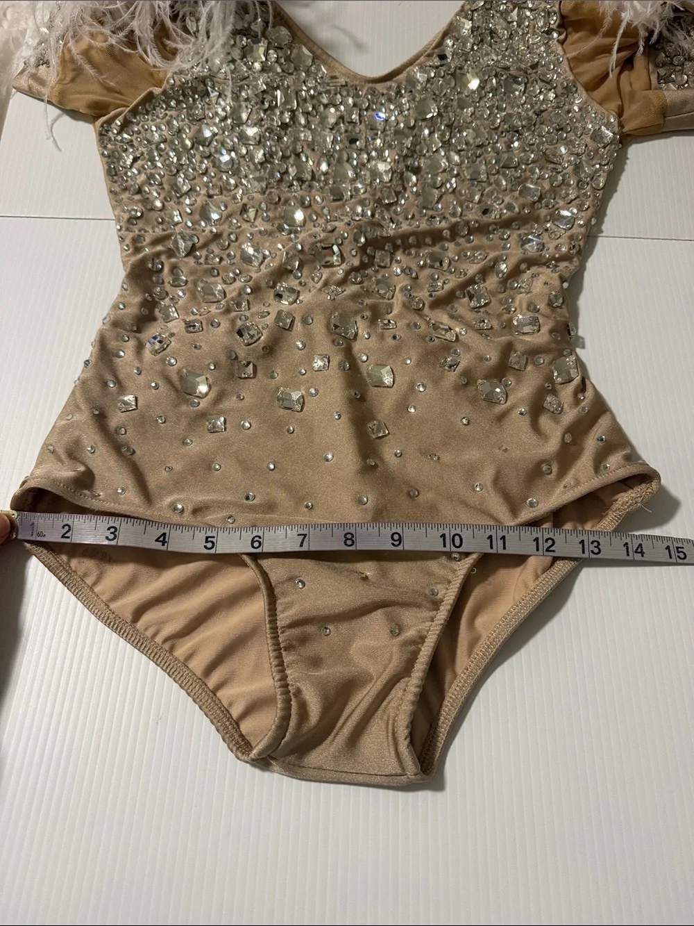 Glamour solo Crystal rhinestone feather dance costume nude tan SA-Small adult